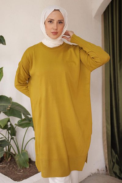 İmajButik K. Oil Green Crew Neck Mercerized Casual Knitwear Tunic