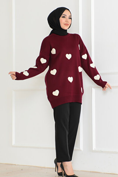BURCU TESETTÜR Ζακέτα Πλεκτό Κεντημένο Καρδιά Βουργουνδίας 2453