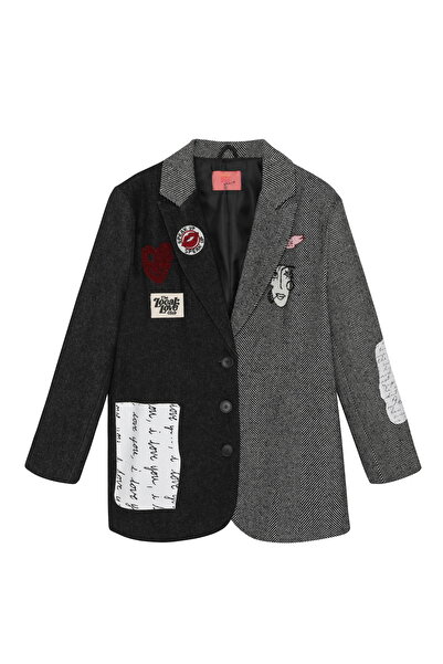 Quzu Black Blazer Jacket - Embroidery Detail and Denim Match