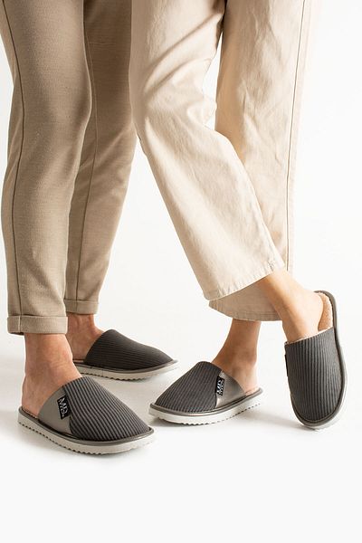 Moda Devrin Papuci unisex din lână semi-piele gri
