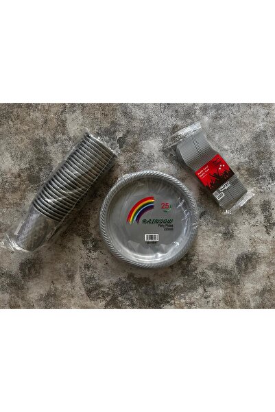 Party Partycom 25 kişilik Gümüş Tabak,Bardak.Çatal sert plastik set