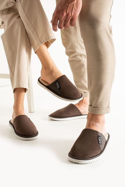 Moda Devrin Παντόφλες Unisex καφέ ημι-δερμάτινες εσωτερικές μάλλινες