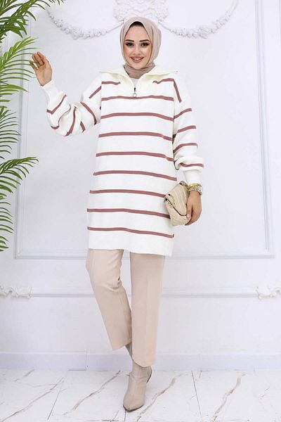 benguen Dusty Rose Πλεκτό με φερμουάρ ριγέ 11044-02