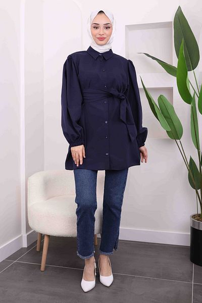 İmajButik Navy Blue Waist Belted Shirt Tunic