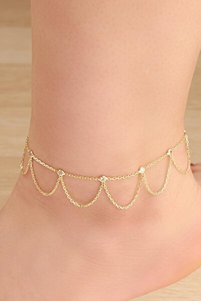 Tmt Silver Gümüş Altın Kaplama Zirkon Taşlı Zincir Halhal