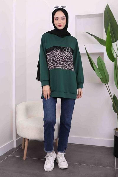 İmajButik Σμαραγδένιο Γκρι Μπροστινό Leopard Modal Tunic