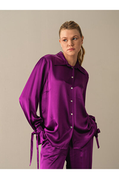 Xint Kadın Mor Pamuk Dokulu Oversize İpeksi Saten Gömlek