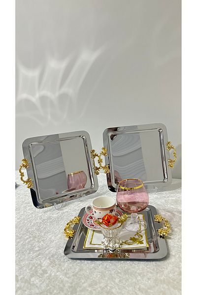 USD HOME Pack of 2 Gold Snap Handles Steel Square Coffee Presentation Tray Can Remove Handle Simple to Use