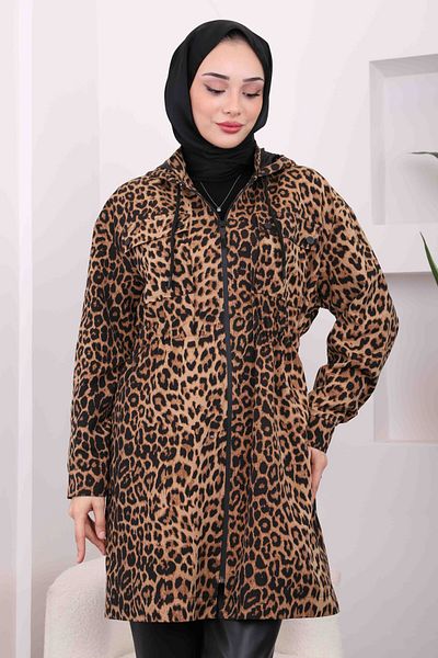 İmajButik Καμπαρντίνα λεοπάρ με κουκούλα Camel Waist Gathered