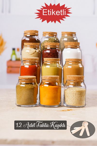 KRM HOME 12 Pcs Cork Lid with Wooden Spoon 300ml Glass Jars, Set of 12 Spices, with Labels
