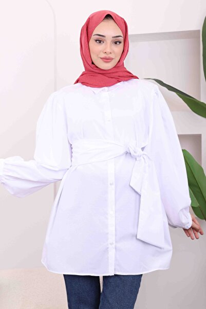 İmajButik Λευκό πουκάμισο με ζώνη στη μέση