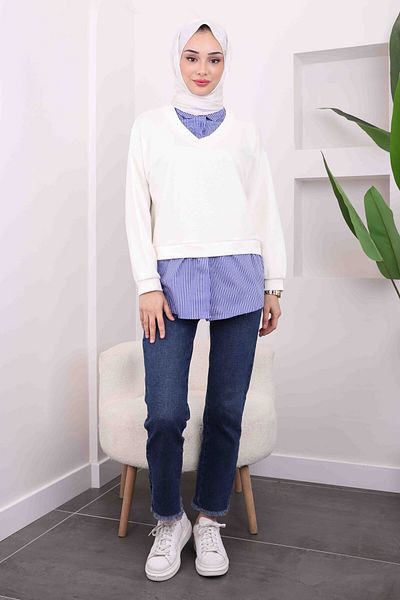 İmajButik Εκρού ριγέ γαρνιρισμένο πουκάμισο Modal Combination Sweat