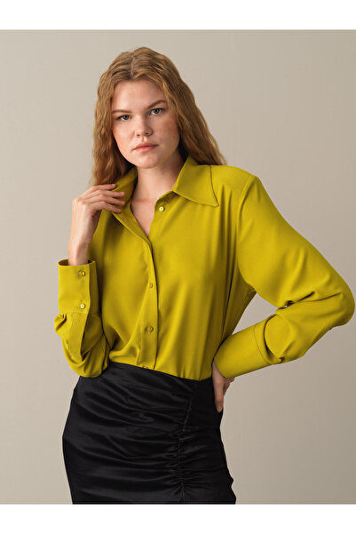 Xint Kadın Sarı Pamuk Dokulu Vatkalı Oversize Gömlek