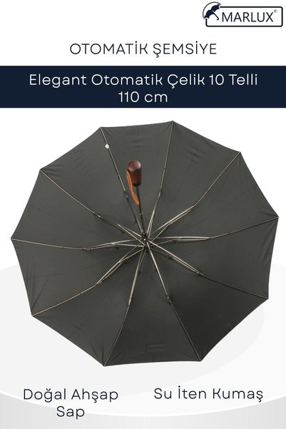 Marlux Elegant Otomatik Çelik 10 Telli Siyah Şemsiye Rüzgar Koruma Ponçi Kumaş Mpr1008m