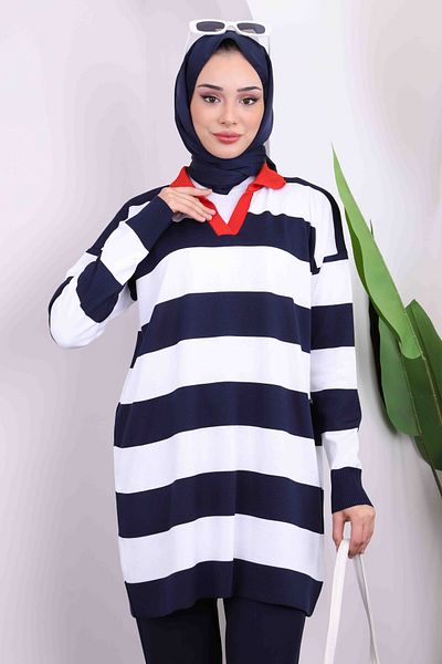 İmajButik Navy Blue Striped Cold Yarn Knitwear Tunic