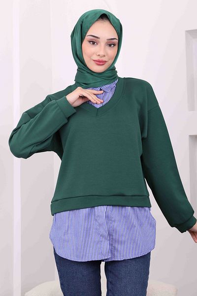 İmajButik Σμαραγδένιο Πράσινο Ριγέ Γαρνιρισμένο Πουκάμισο Modal Συνδυασμός Φούτερ