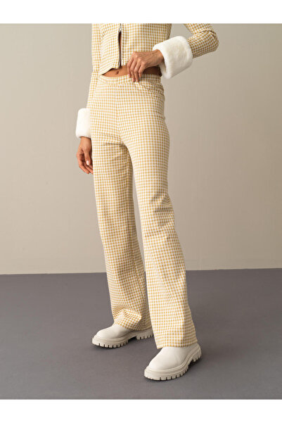 Xint Kadın Sarı Pamuk Dokulu Regular Fit Modern Ekose Pantolon