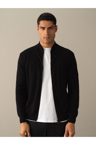 Xint Siyah Pamuk Dokulu Fermuarlı Hırka