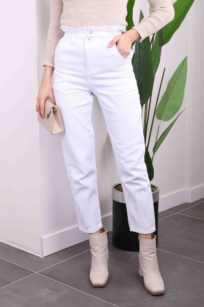 İmajButik Ecru Waist Elastic Mom Jeans Trousers