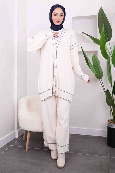 İmajButik Cream Waffled Knitwear Cardigan Trousers Set