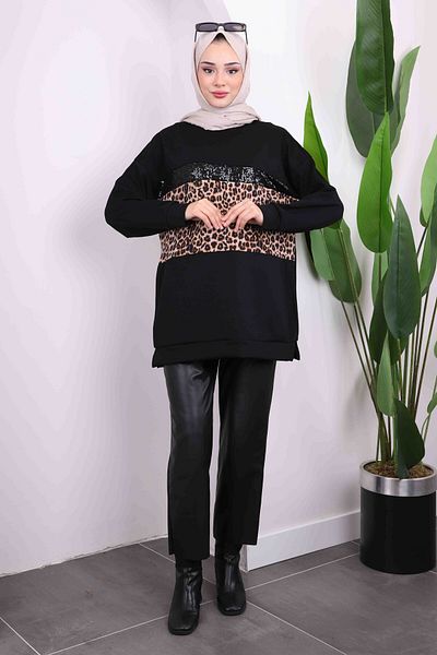 İmajButik Μαύρο Μπροστινό Leopard Modal Tunic