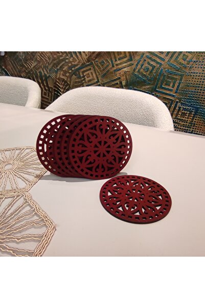 Dekoratif MDF El Boyaması Bardak Altlığı 6 lı Set + Stant Bordo Mandala Plus Desen (8 x 8 cm)