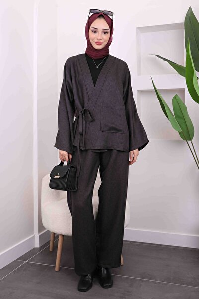 İmajButik Σετ παντελόνι κιμονό με δέσιμο στο πλάι από ανθρακί