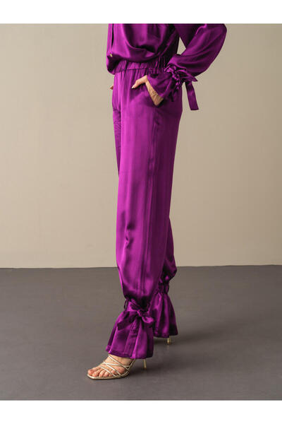 Xint Kadın Mor Pamuk Dokulu Regular Fit İpeksi Saten Pantolon