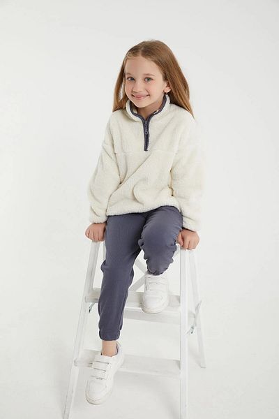 Rolypoly Beige Girl's Tracksuit Set with Collar Zipper