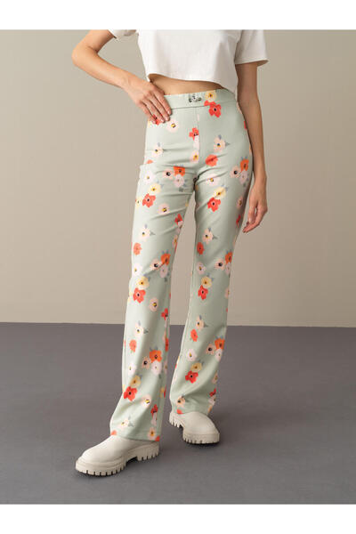 Xint Kadın Yeşil Pamuk Dokulu Regular Fit Desenli Pantolon