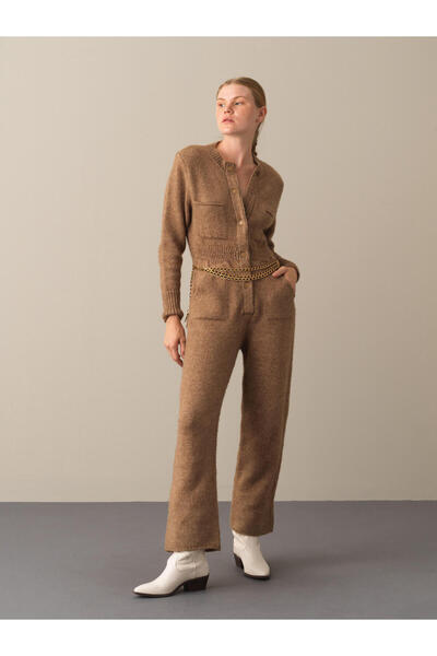 Xint Kadın Camel Yumuşak Dokulu Regular Fit Cepli Triko Tulum