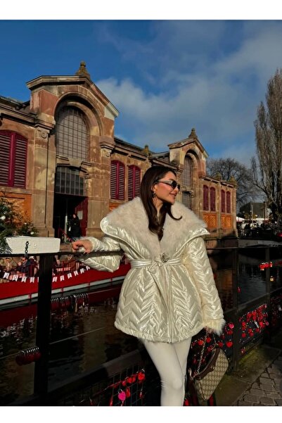 manana fashion White Puffer Jacket with Fur Collar and Belt