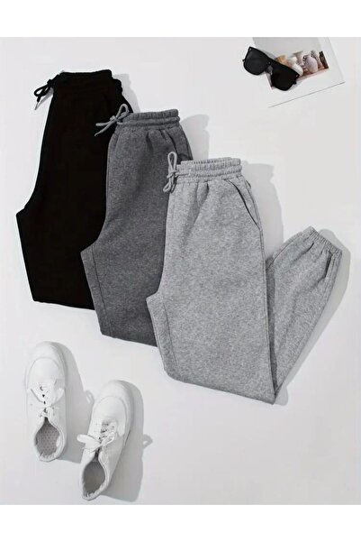 FİTGO Unisex Gri Siyah Füme Battal Boy Paçası Lastikli Eşofman Altı 3'lü Paket