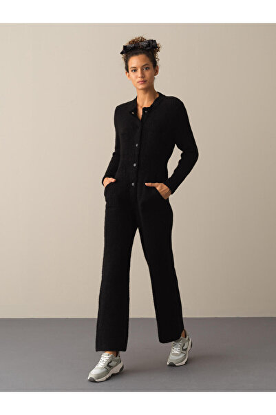 Xint Kadın Siyah Yumuşak Dokulu Regular Fit CepliTriko Tulum