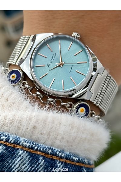 Ferrucci Brand Baby Blue Dial, Steel Mesh Cord Silver Color Women Wristwatch Bracelet