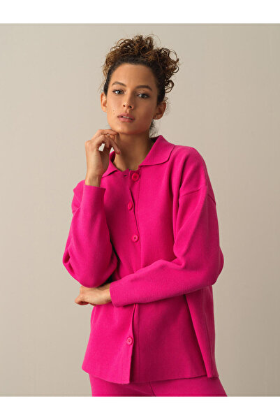 Xint Kadın Fuşya Esnek Dokulu Regular Fit Düğmeli Triko Ceket