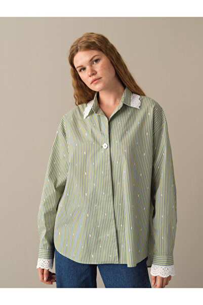 Xint Kadın Yeşil Pamuk Dokulu Oversize Çizgili Gömlek