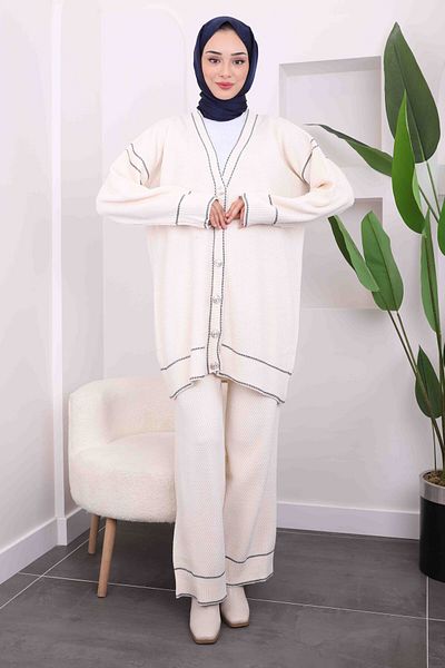 İmajButik Cream Waffled Knitwear Cardigan Trousers Set