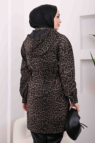 İmajButik Haki Bel Büzgülü Kapüşonlu Leopar Trenç