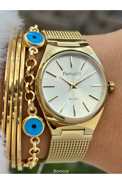 Ferrucci Brand White Dial, Steel Mesh Cord Yellow Color Women Wristwatch Bracelet