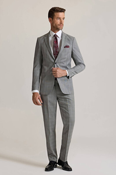 Ysf Erkek Gri Regular Fit Mono Yaka Kareli %100 Yün Takım Elbise