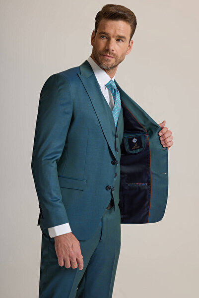 Ysf Erkek Yeşil Slim Fit Sivri Yaka Yelekli %100 Yün Takım Elbise