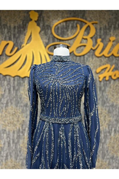 MODA İndigo Mavisi Midi Boy Gri Taş Detayli Tül Tesettür Abiye Nişanlık