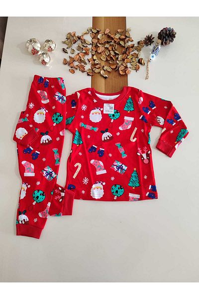 elmas kids Christmas Printed 2 Stripes Unisex Pijama Suit