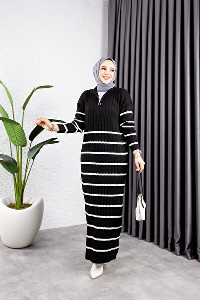 Sfg Life Moda فستان نسائي محبوك بياقة واقفة وخطوط رفيعة وسحاب