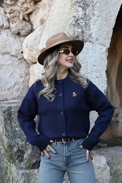 bytugcekaya Синій стандартний розмір кардиган з принтом Тедді