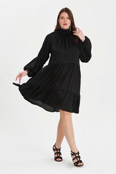 EVEN plus size فستان نسائي أسود رفيع من الساتان ذو الياقة العالية مقاس كبير