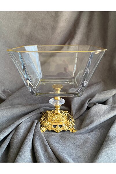 atabey home Kare Döküm Ayaklı Gold Detaylı Salata Kasesi & Sunum Kasesi Lav K...