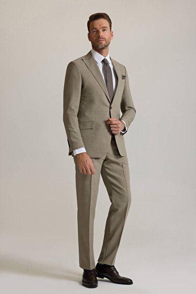 Ysf Erkek Bej Regular Fit Sivri Yaka %100 Yün Takım Elbise