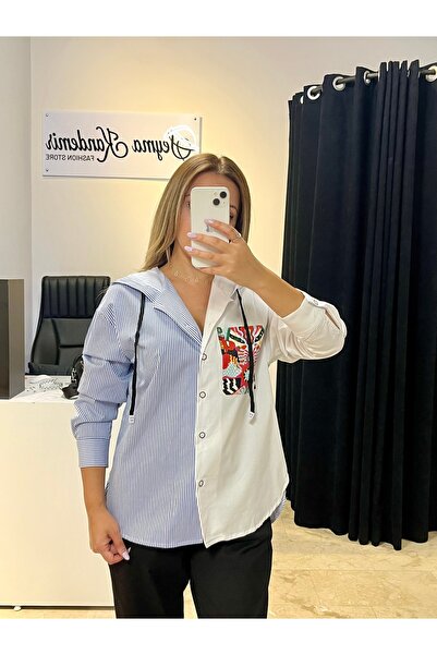 ŞEYMA KANDEMİR Ysatis Kadın Kapüşonlu Likralı Çizgili Gömlek